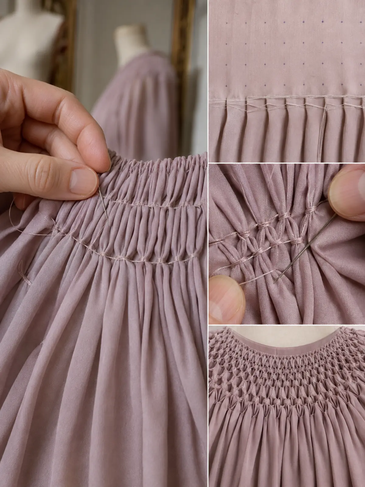 NIDO DE ABEJA — FASHIONTECA™ Panel de nido de abeja realizado a mano con detalle de retícula, frunces y puntos de bordado.