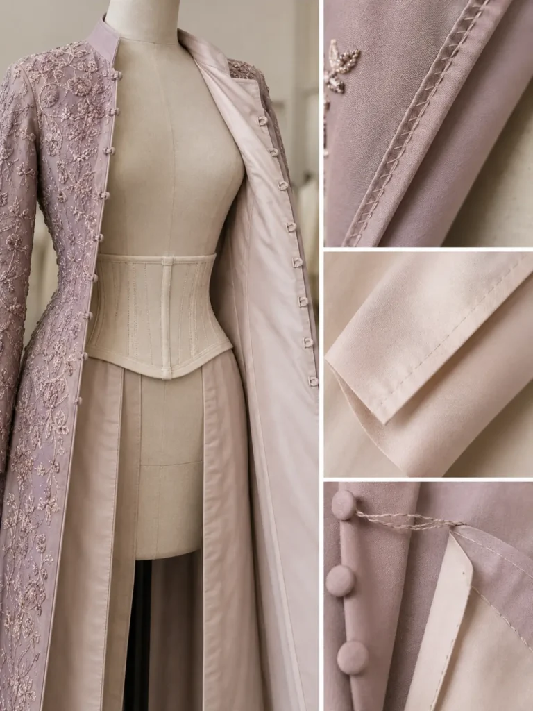 Interior abierto de una prenda couture con forro cosido a mano, márgenes limpios, presillas y cierres forrados.