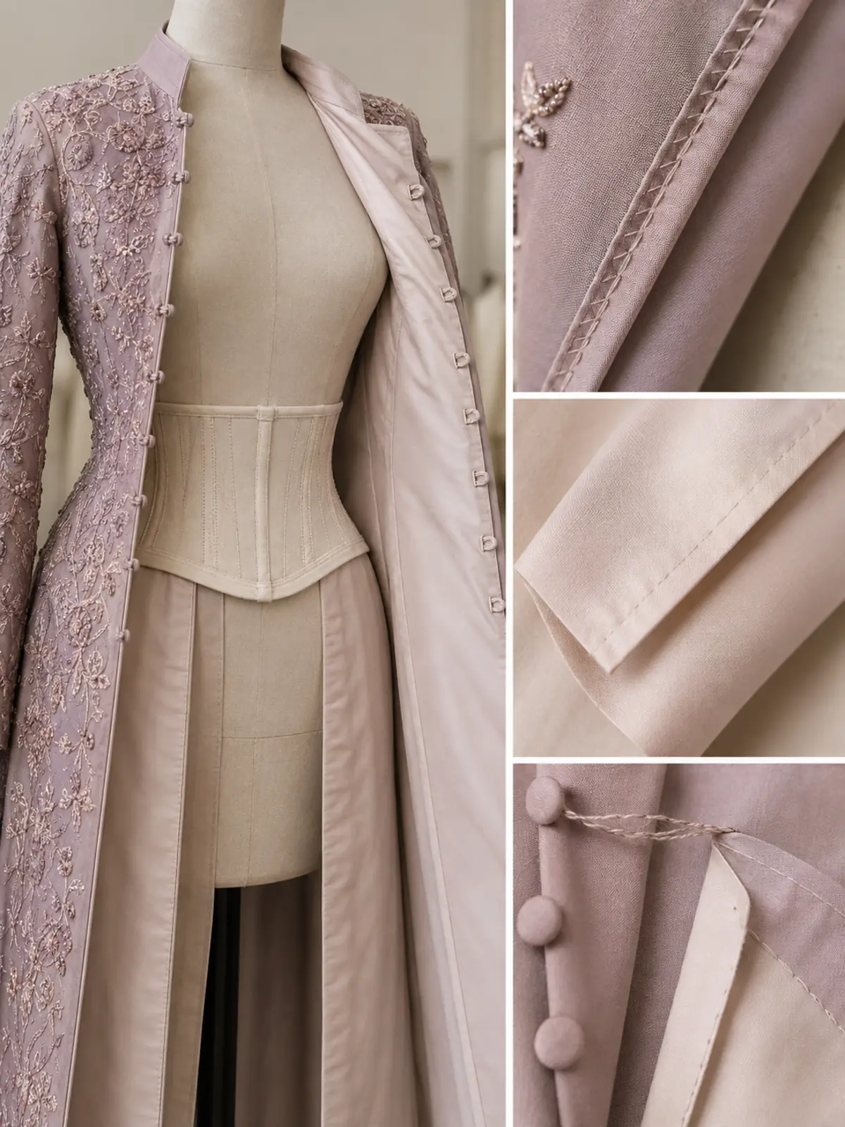 Interior abierto de una prenda couture con forro cosido a mano, márgenes limpios, presillas y cierres forrados.