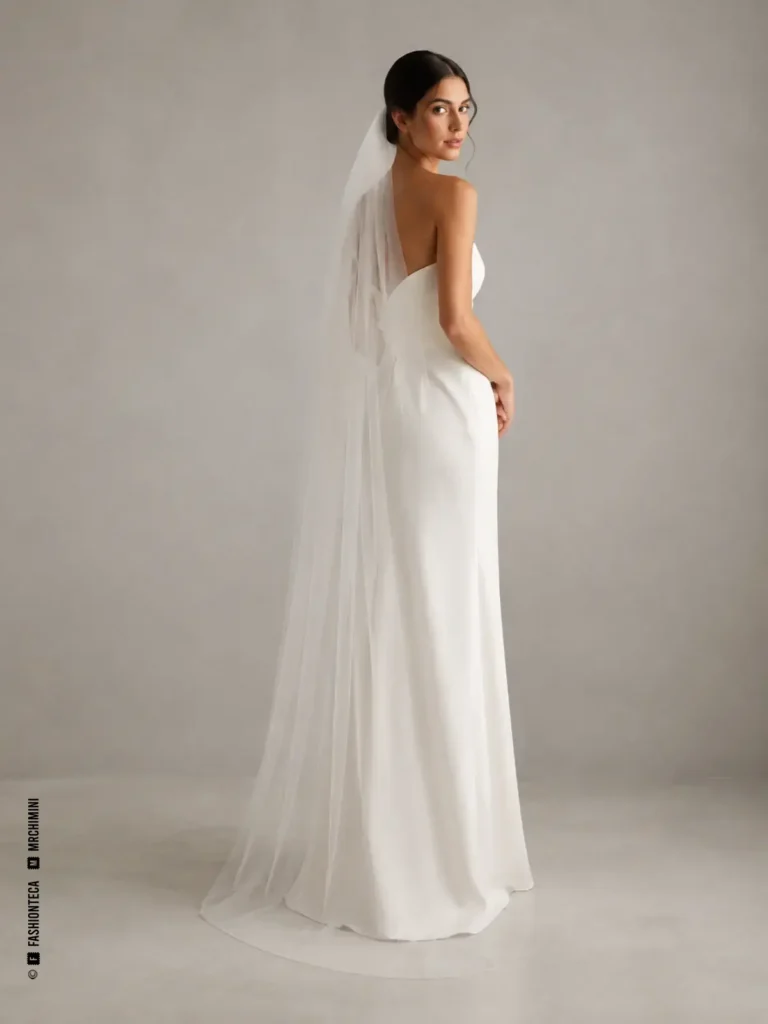 Novia con velo blanco que alcanza el suelo y acompaña el bajo del vestido.