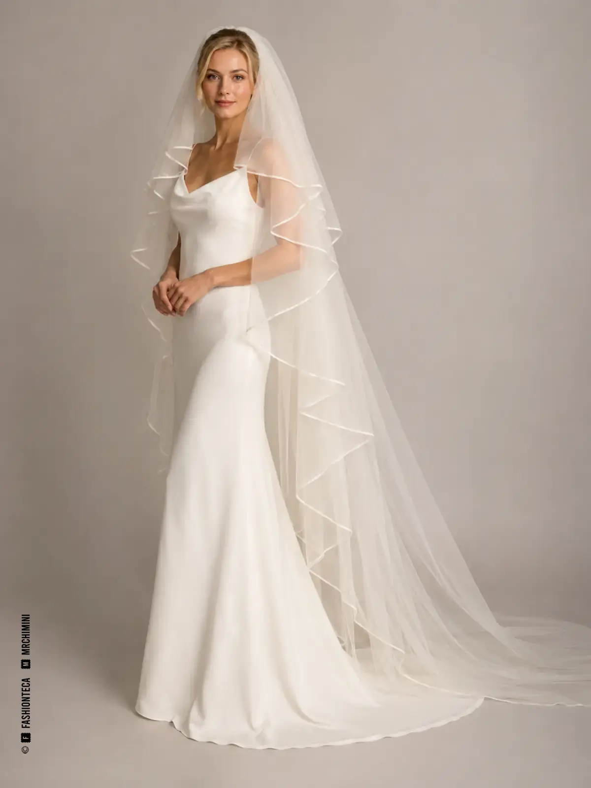 Novia con velo cascada blanco formado por curvas de tul alrededor del rostro y los hombros.