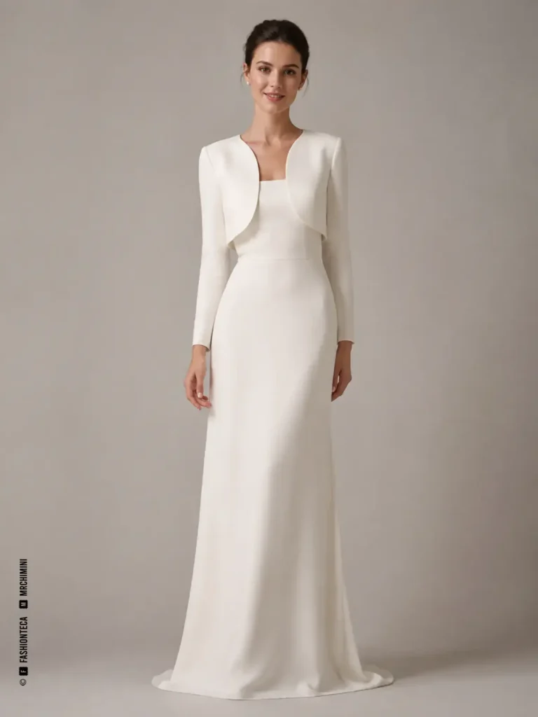 Novia con bolero blanco muy corto y abierto sobre un vestido nupcial sencillo.