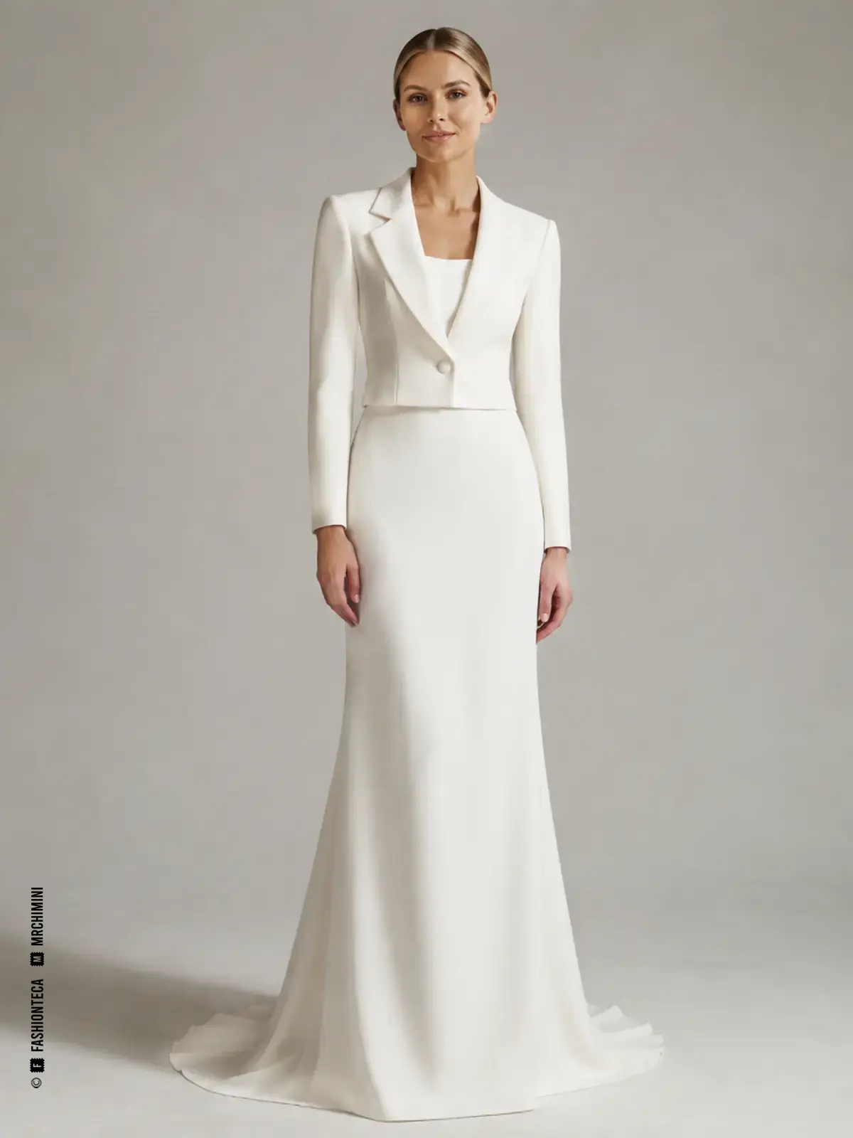 Novia con chaqueta sastre blanca corta hasta la cintura y vestido nupcial minimalista.