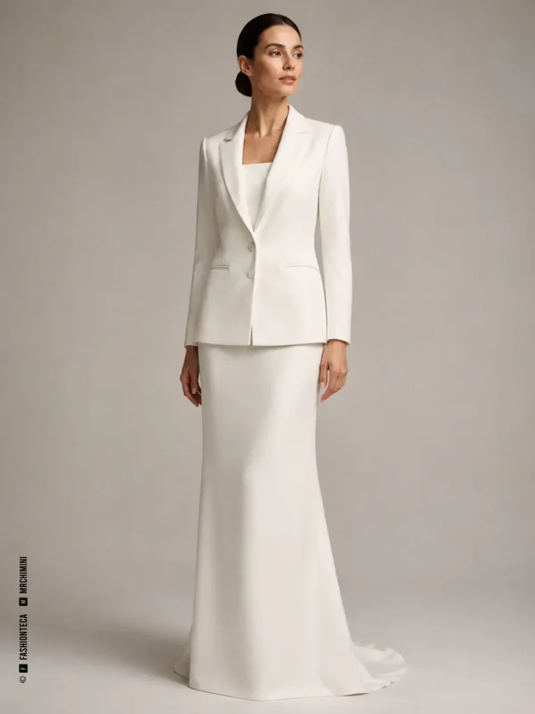 Novia con blazer blanco de Sastrería y vestido columna de líneas limpias.