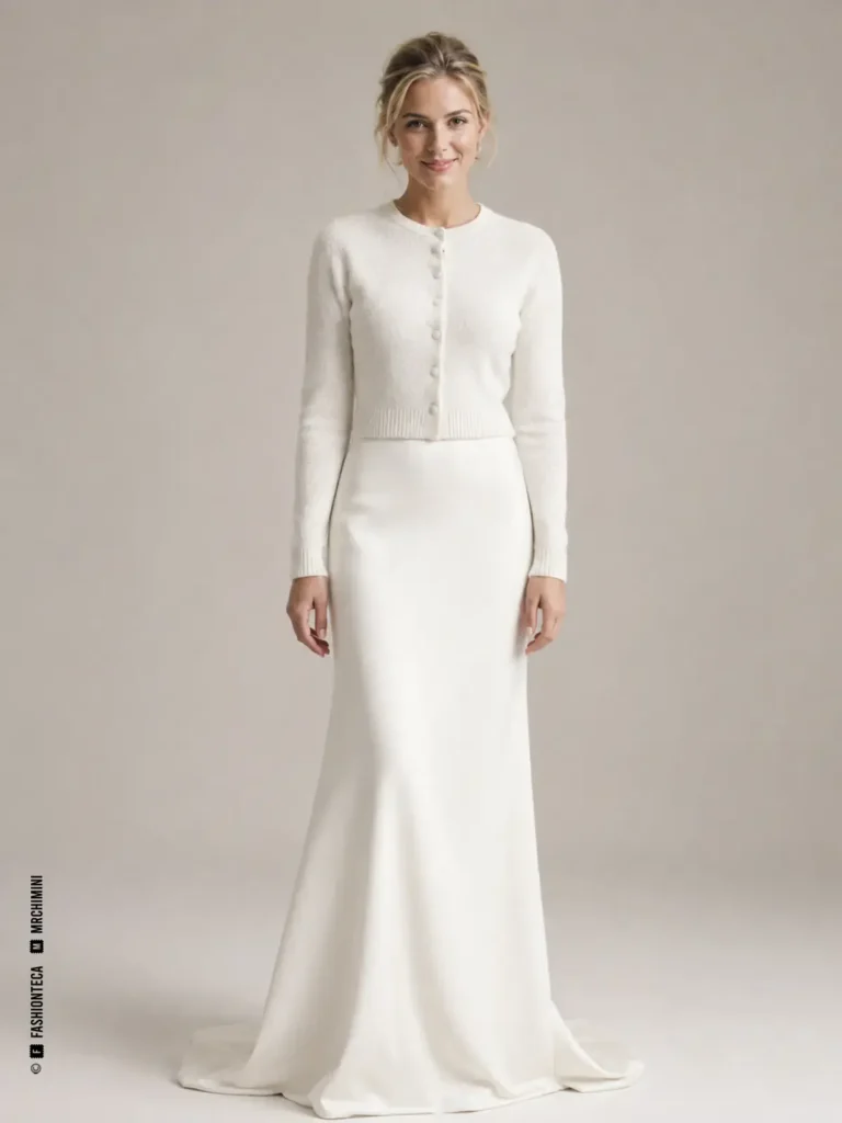 Novia con cárdigan corto de punto color marfil sobre vestido blanco sencillo.
