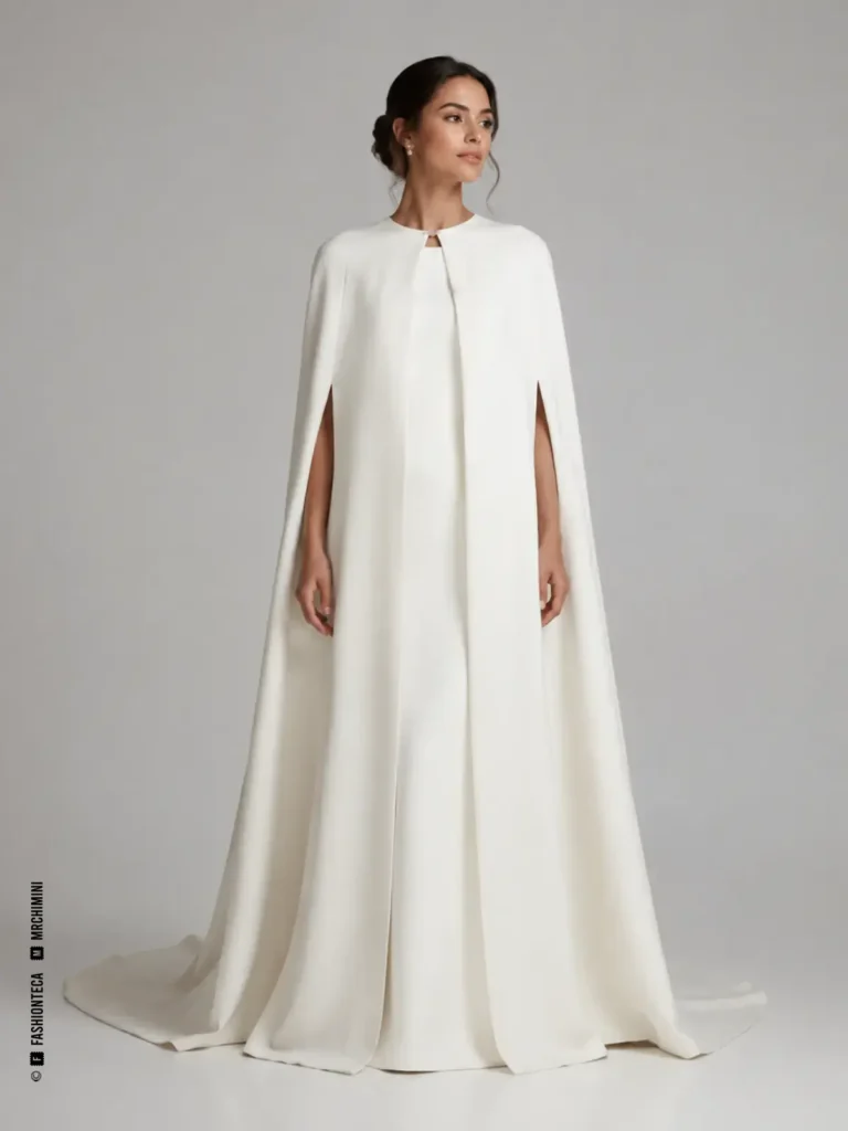 Novia con capa blanca larga y amplia, sin mangas, sobre vestido nupcial sencillo.