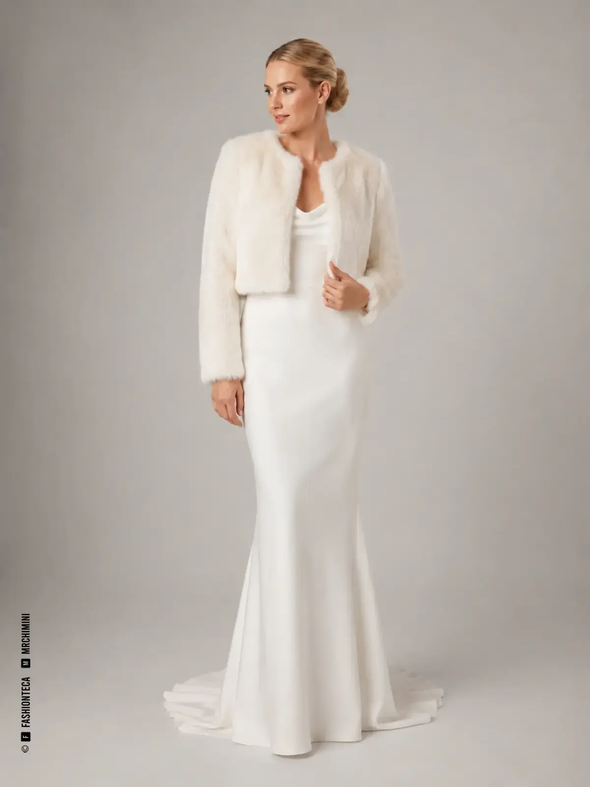 CHAQUETA NUPCIAL DE PELO SINTÉTICO — Abrigo y Superposición Nupcial Novia con chaqueta corta blanca de pelo sintético y mangas largas.