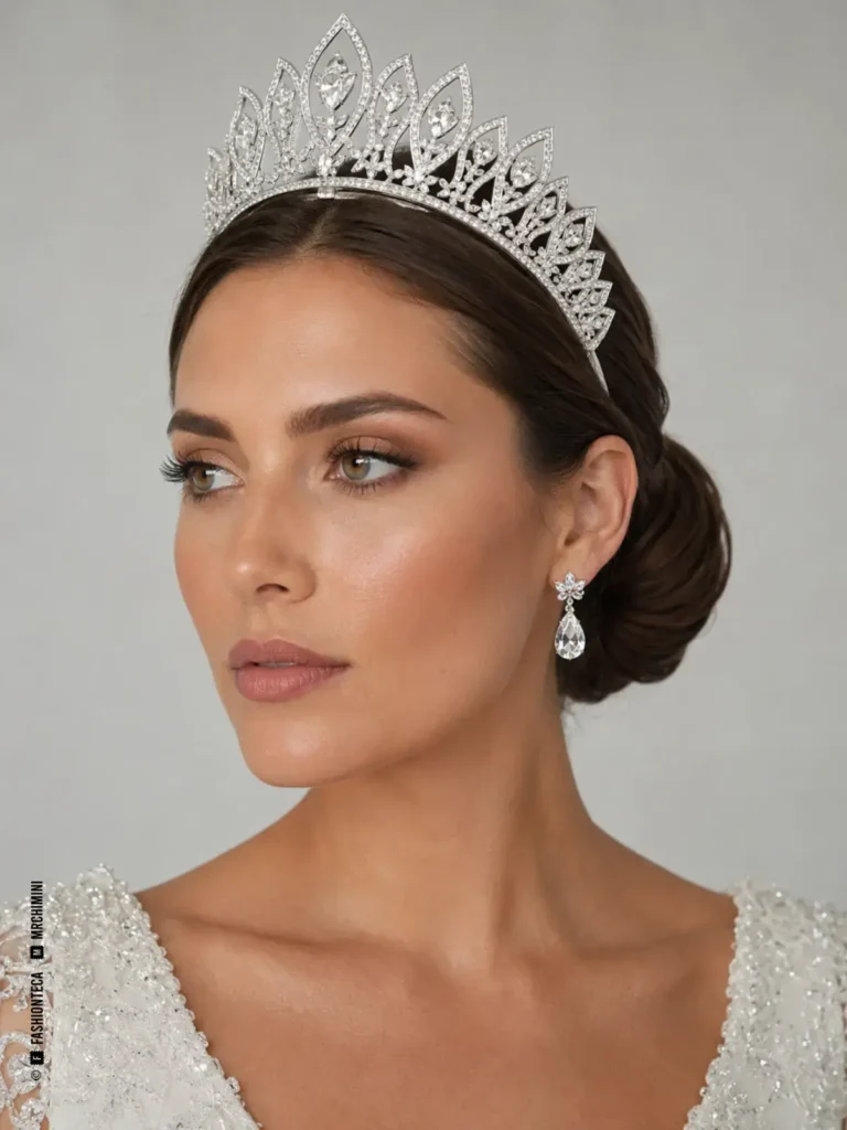 Novia con tiara nupcial elevada de cristales claros, abierta por detrás, sobre moño bajo.