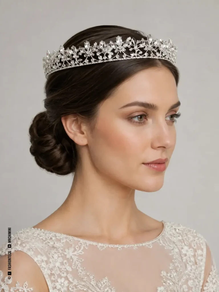 Novia con corona nupcial circular completa, baja y calada, en metal plateado y cristal transparente.