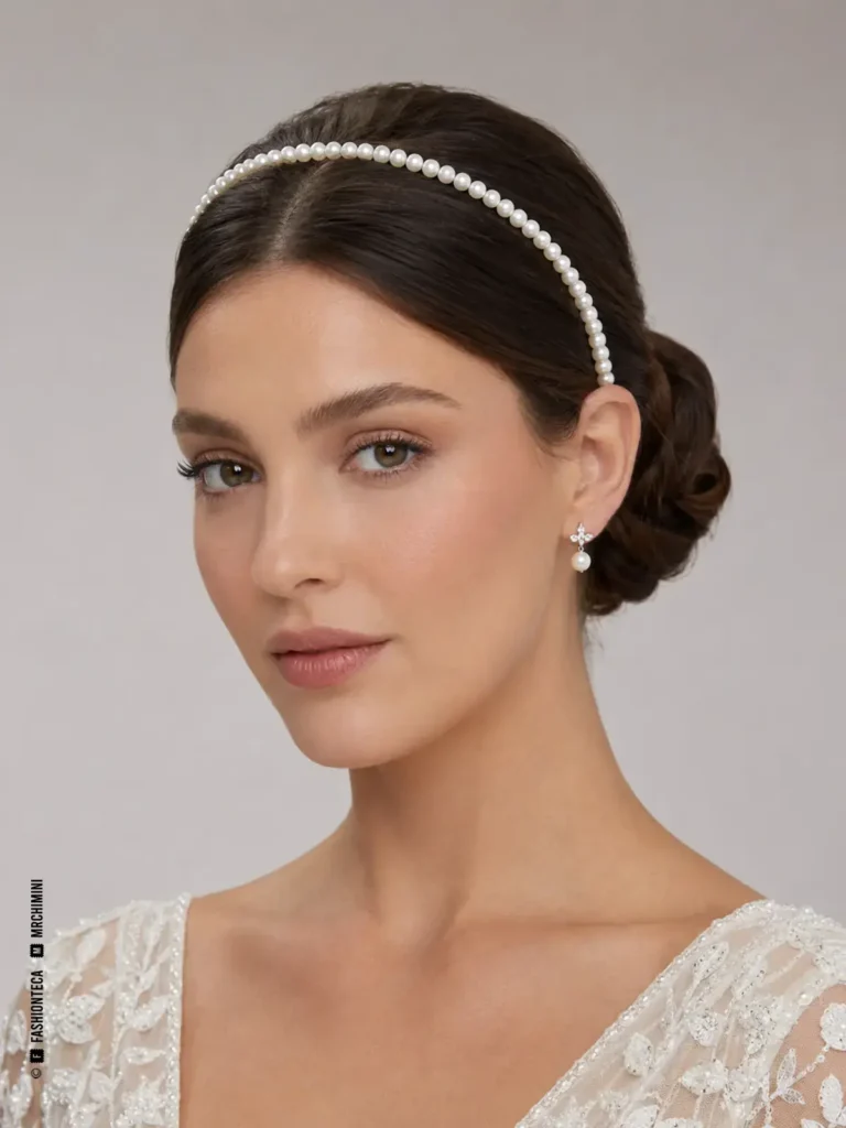Novia con diadema nupcial estrecha de perlas marfil, de oreja a oreja y perfil bajo.