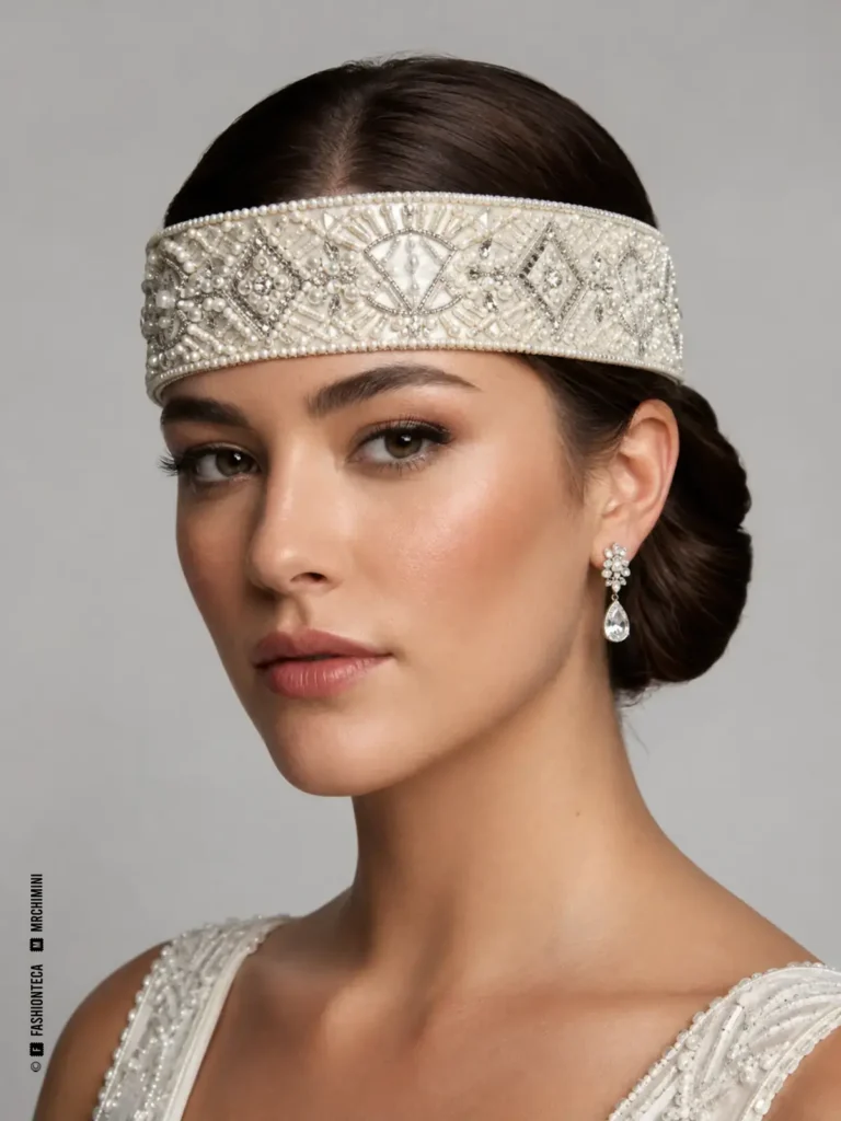 Novia con bandeau nupcial plano de cristal y perlas colocado horizontalmente sobre la frente.