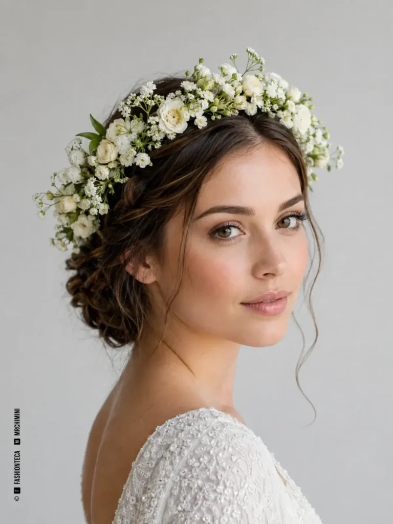 Novia con corona floral nupcial de pequeñas flores blancas y follaje verde muy discreto.