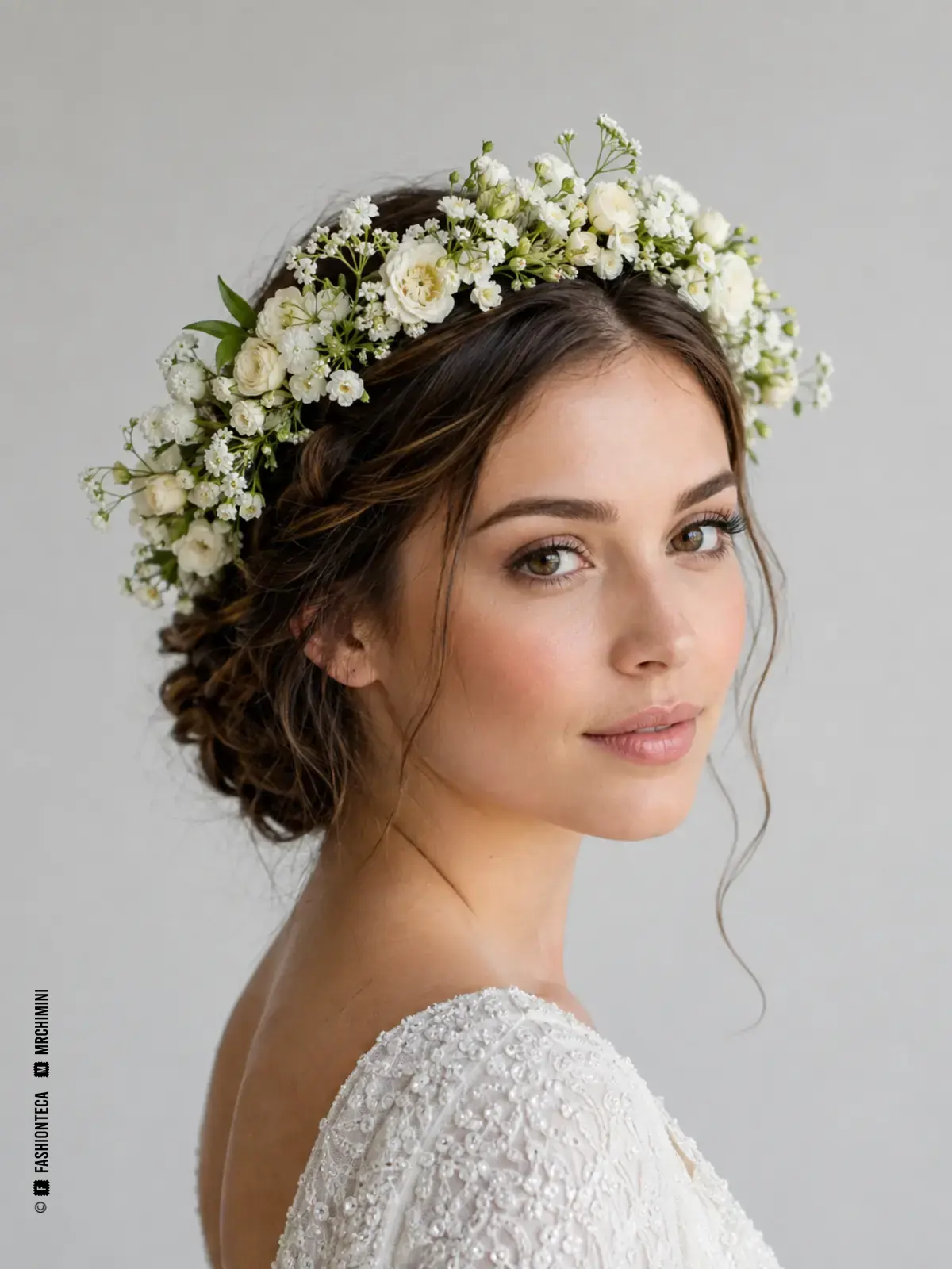 Novia con corona floral nupcial de pequeñas flores blancas y follaje verde muy discreto.