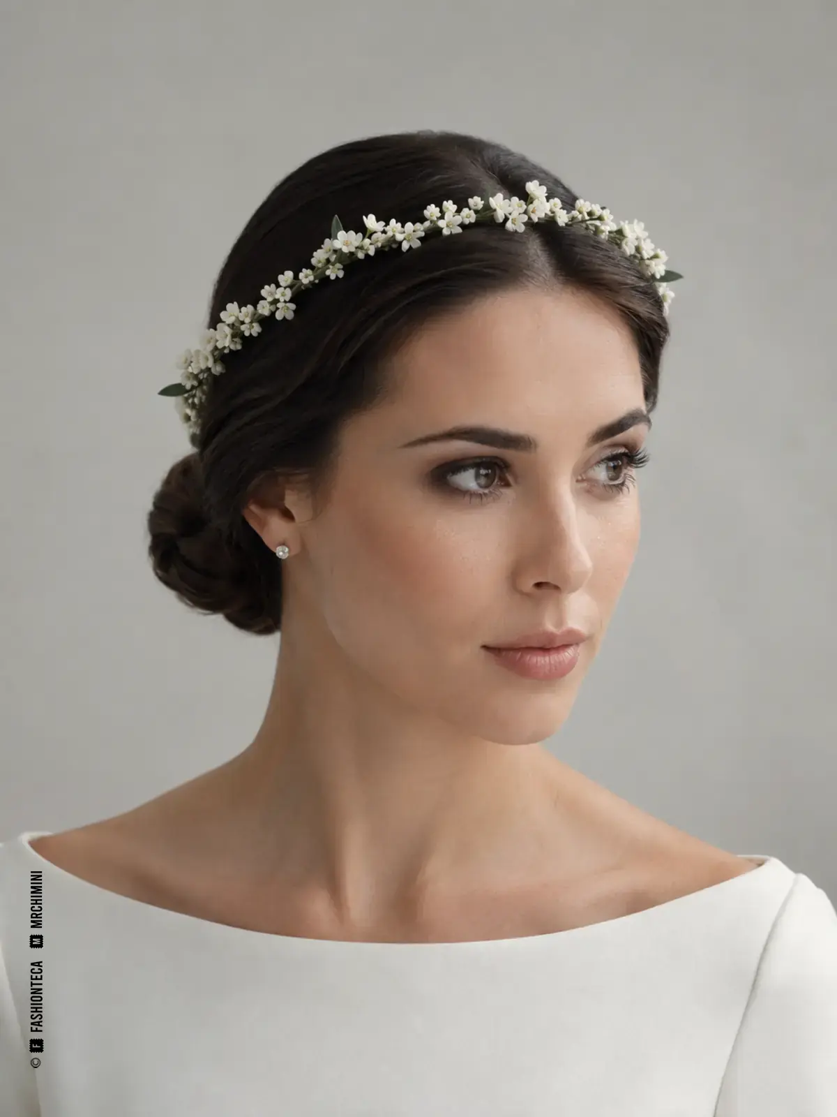 Novia con delicada corona de azahar blanco, pequeños brotes y hojas verdes discretas sobre moño bajo.