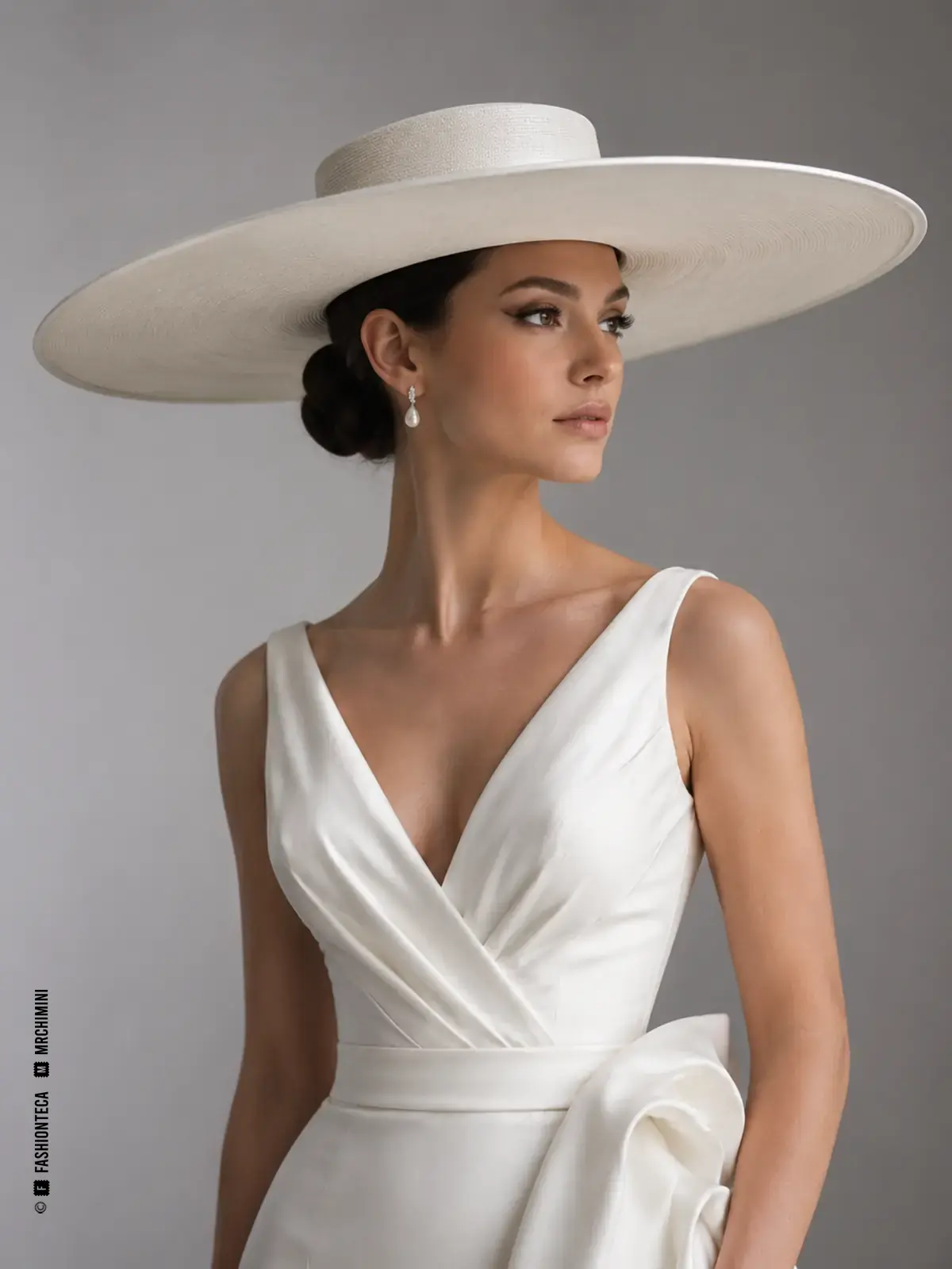 Novia con sombrero nupcial marfil de copa baja y ala circular muy ancha, sin velo.