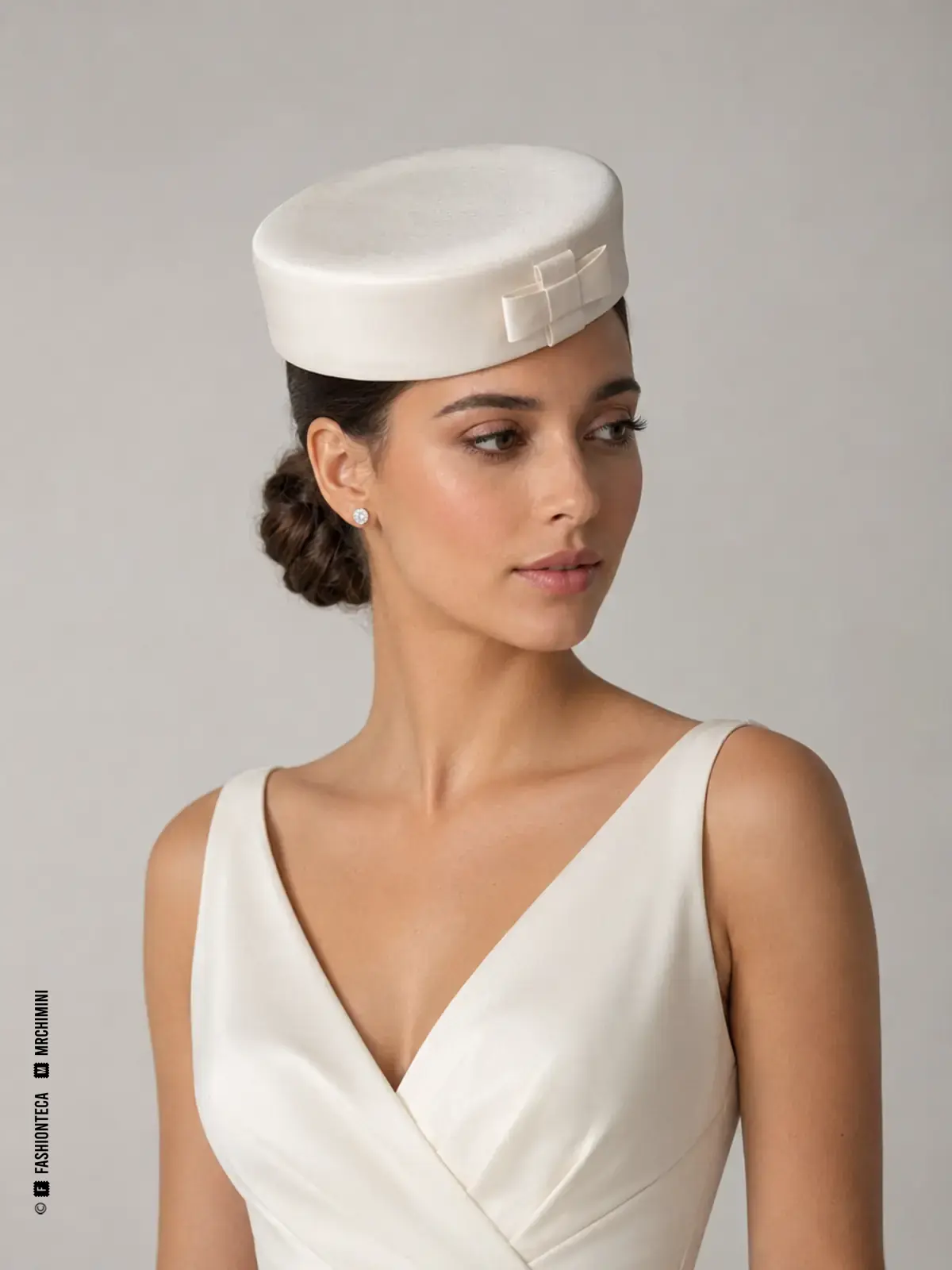 Novia con pequeño sombrero pillbox marfil, sin ala y de copa baja ovalada, ligeramente inclinado.
