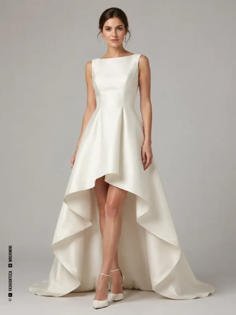 Vestido de novia high-low con delantero corto, espalda larga y transición lateral visible.