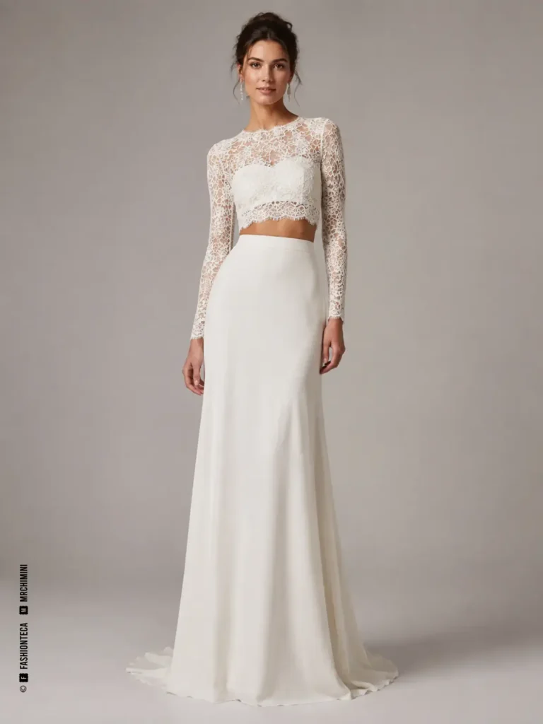 Conjunto nupcial de dos piezas con top y falda independientes y detalles de unión en cintura.