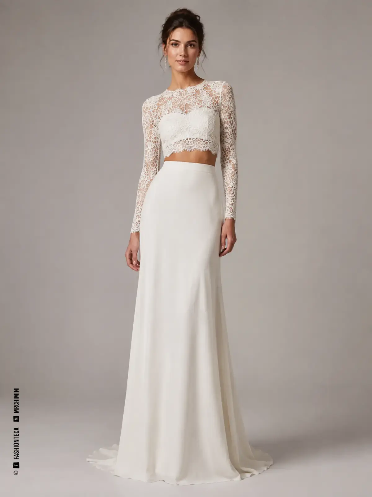 Conjunto nupcial de dos piezas con top y falda independientes y detalles de unión en cintura.