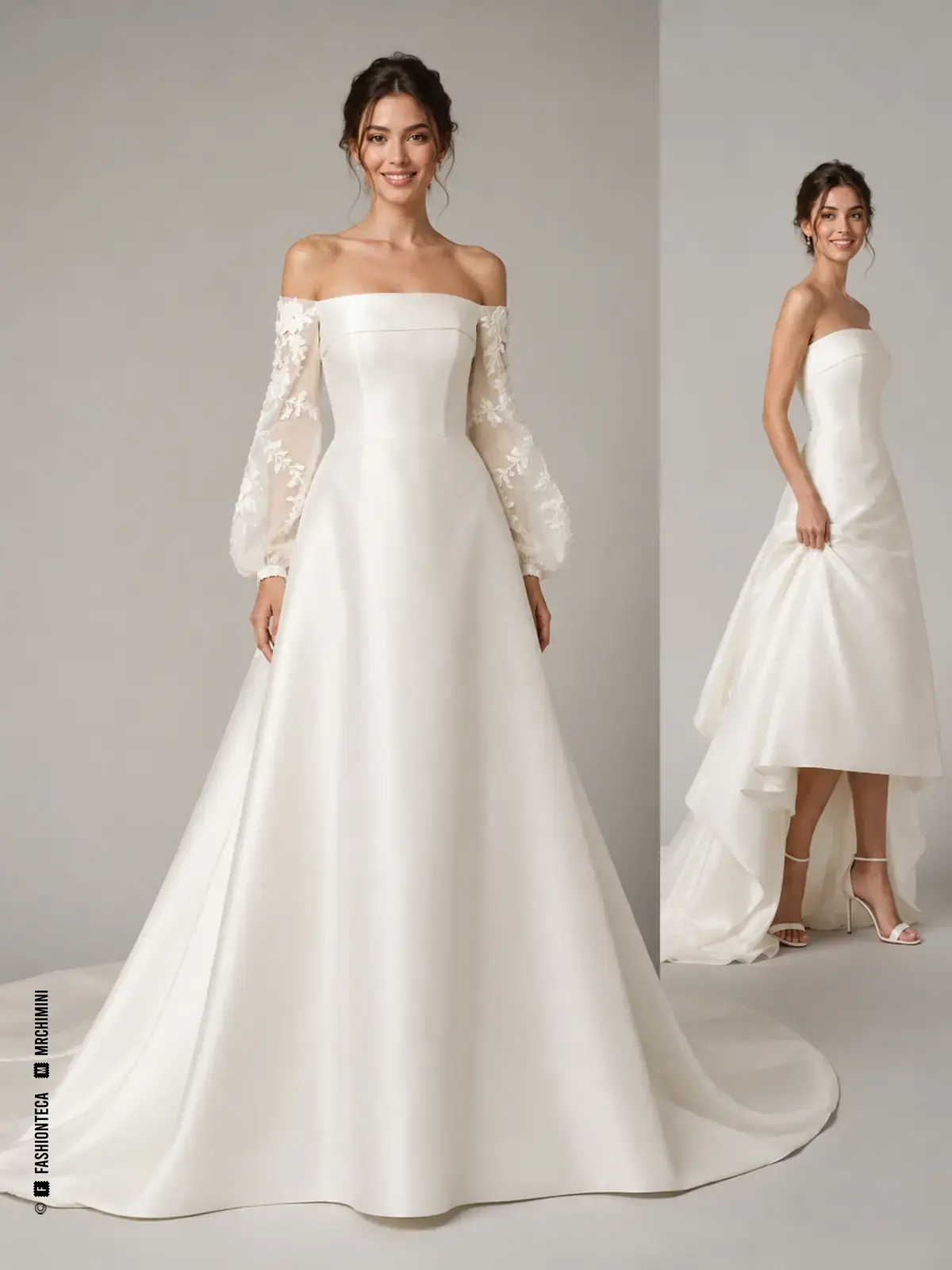 Vestido de novia transformable mostrado en versión ceremonial larga y versión corta de recepción.