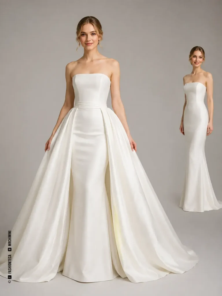 Vestido de novia con sobrefalda desmontable, mostrado con gran volumen y con el vestido base visible.
