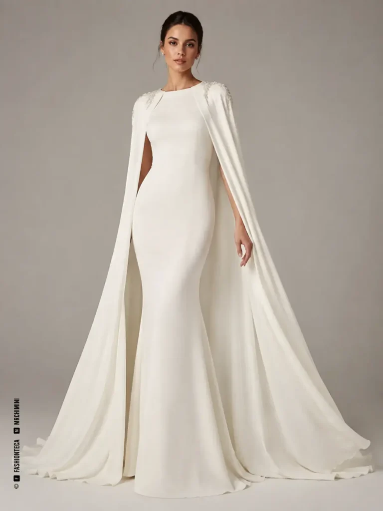 Vestido de novia con capa larga integrada en hombros y vistas de espalda, movimiento y anclaje.