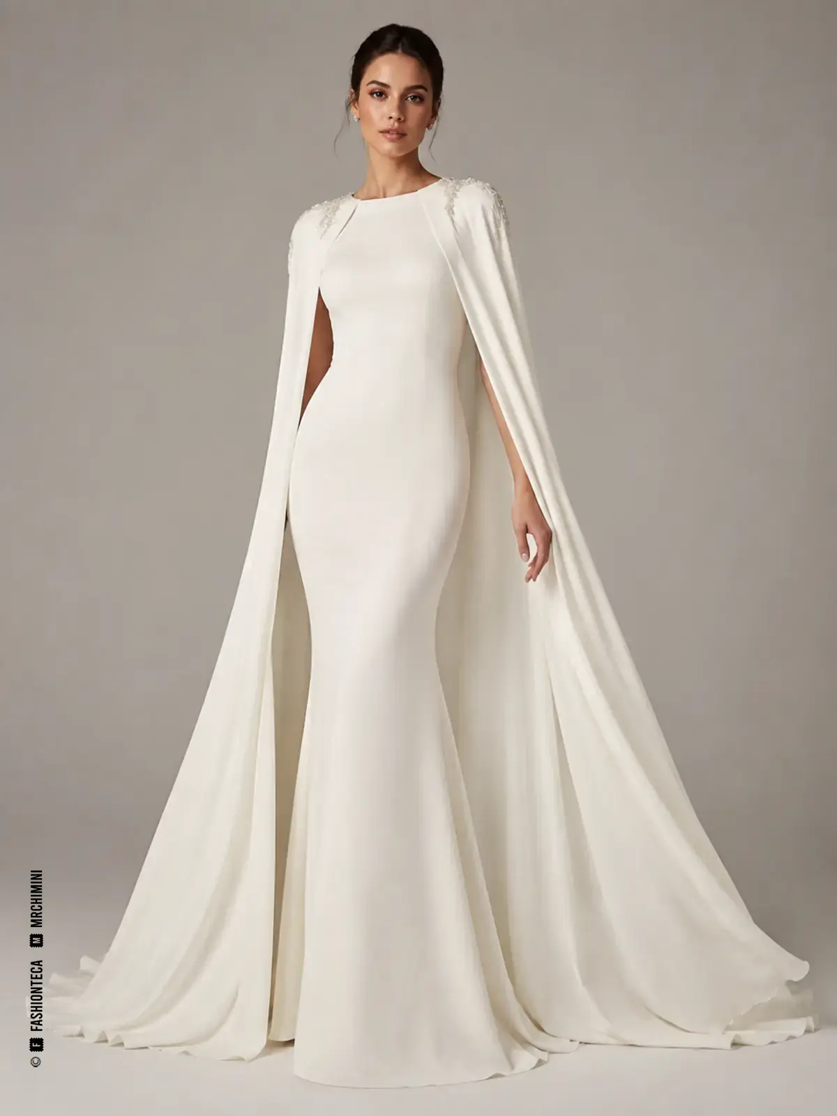 Vestido de novia con capa larga integrada en hombros y vistas de espalda, movimiento y anclaje.
