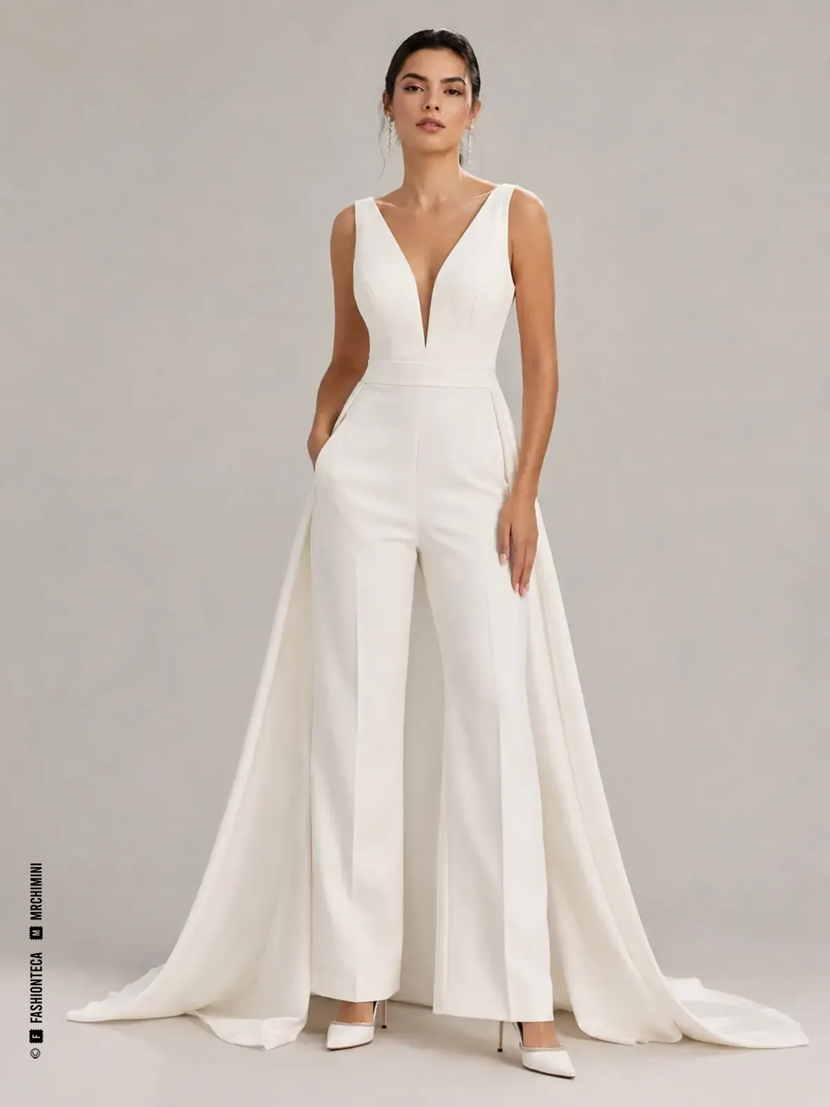 Mono nupcial blanco de una pieza con pantalón elegante y vistas frontal, posterior y de construcción.