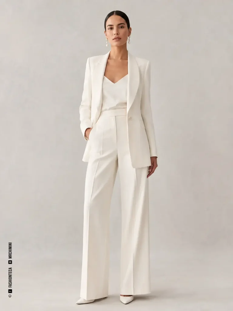 Traje pantalón nupcial blanco con chaqueta estructurada y pantalón, mostrado desde varios ángulos.