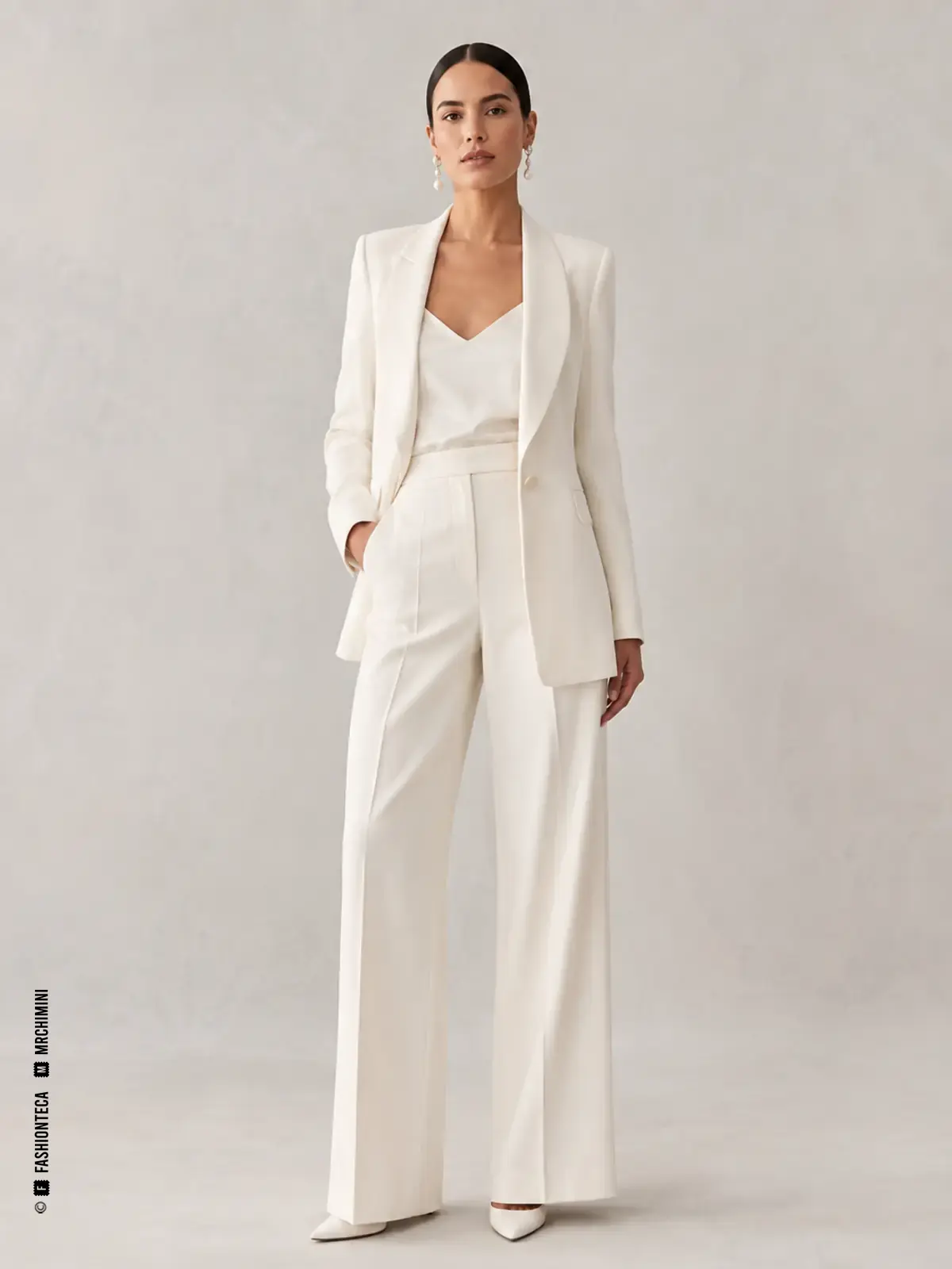 Traje pantalón nupcial blanco con chaqueta estructurada y pantalón, mostrado desde varios ángulos.