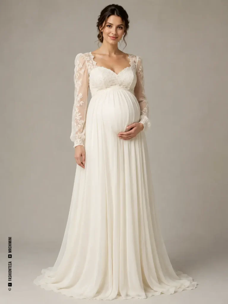 Vestido de novia premamá de talle imperio con ajuste cómodo y vistas de soporte y holgura.