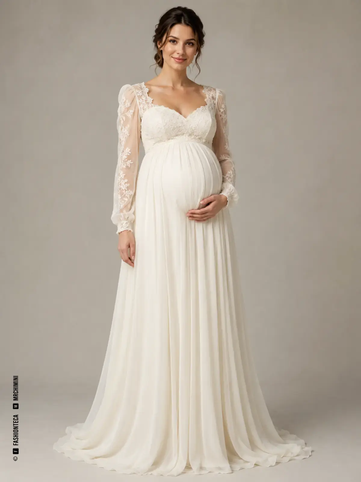 Vestido de novia premamá de talle imperio con ajuste cómodo y vistas de soporte y holgura.