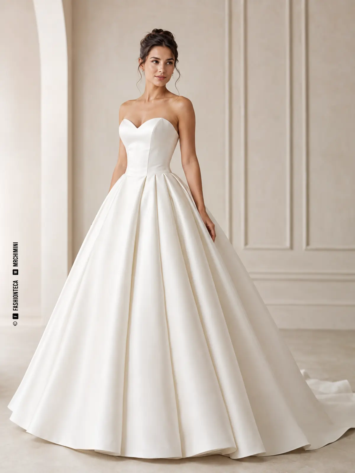 Vestido de novia princesa con cuerpo ajustado, falda amplia y vistas frontal, posterior y de estructura interior.