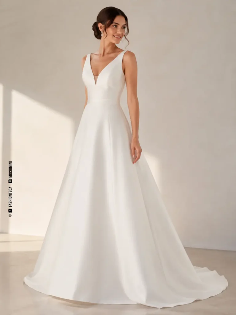 Vestido de novia línea A con ampliación progresiva y vistas frontal, lateral y posterior.