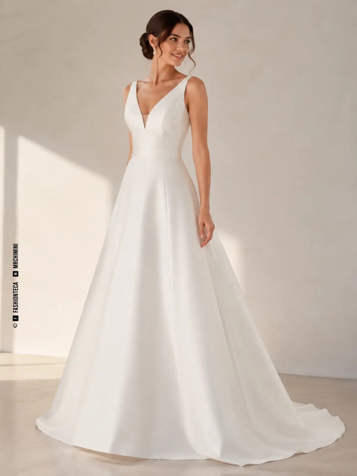 Vestido de novia línea A con ampliación progresiva y vistas frontal, lateral y posterior.