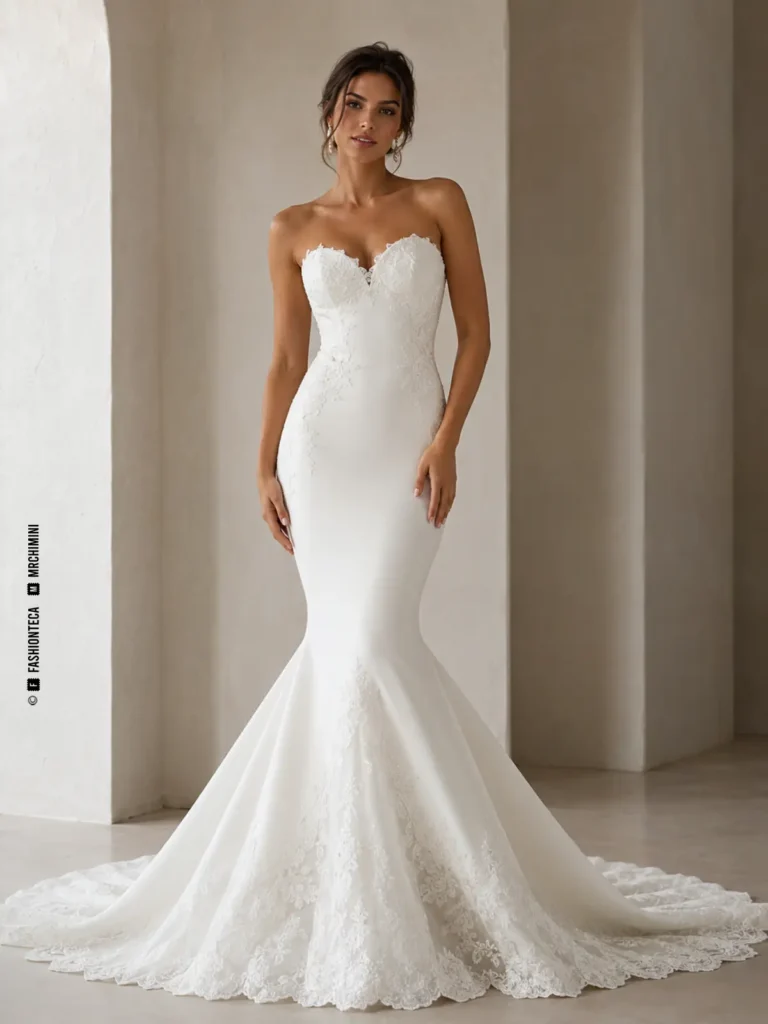 Vestido de novia sirena ajustado hasta la rodilla con expansión baja y vistas técnicas.