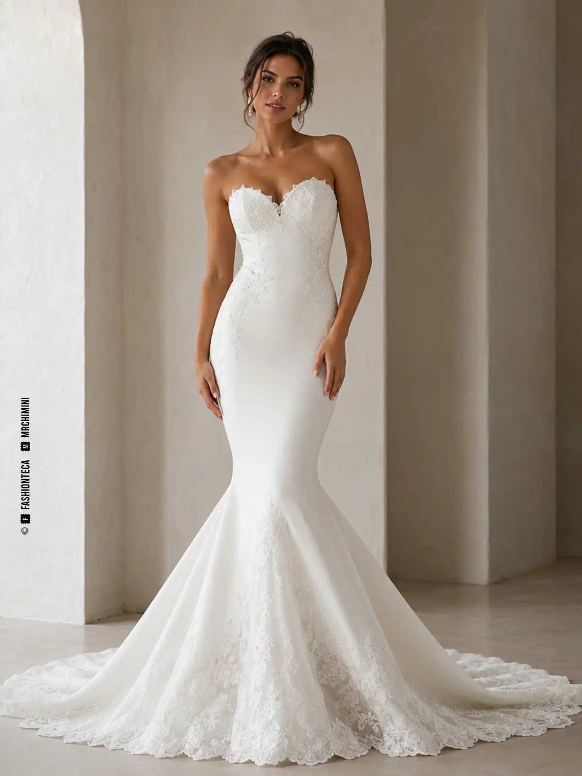 Vestido de novia sirena ajustado hasta la rodilla con expansión baja y vistas técnicas.
