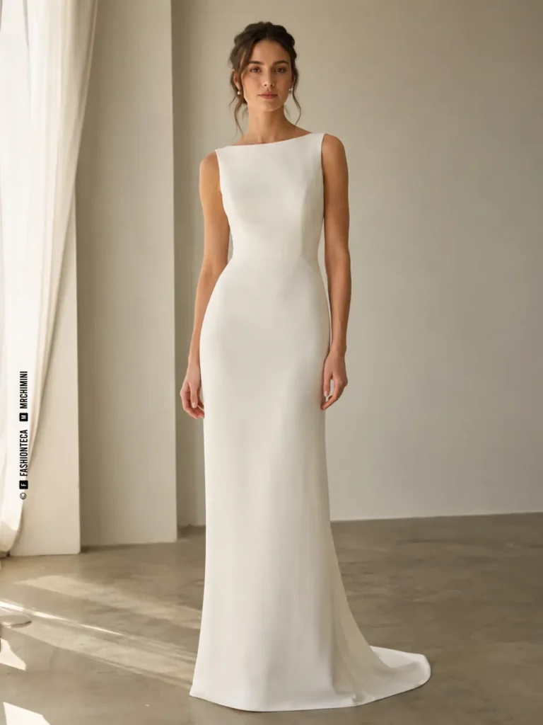 Vestido de novia columna de línea vertical estrecha con vistas frontal, lateral y posterior.