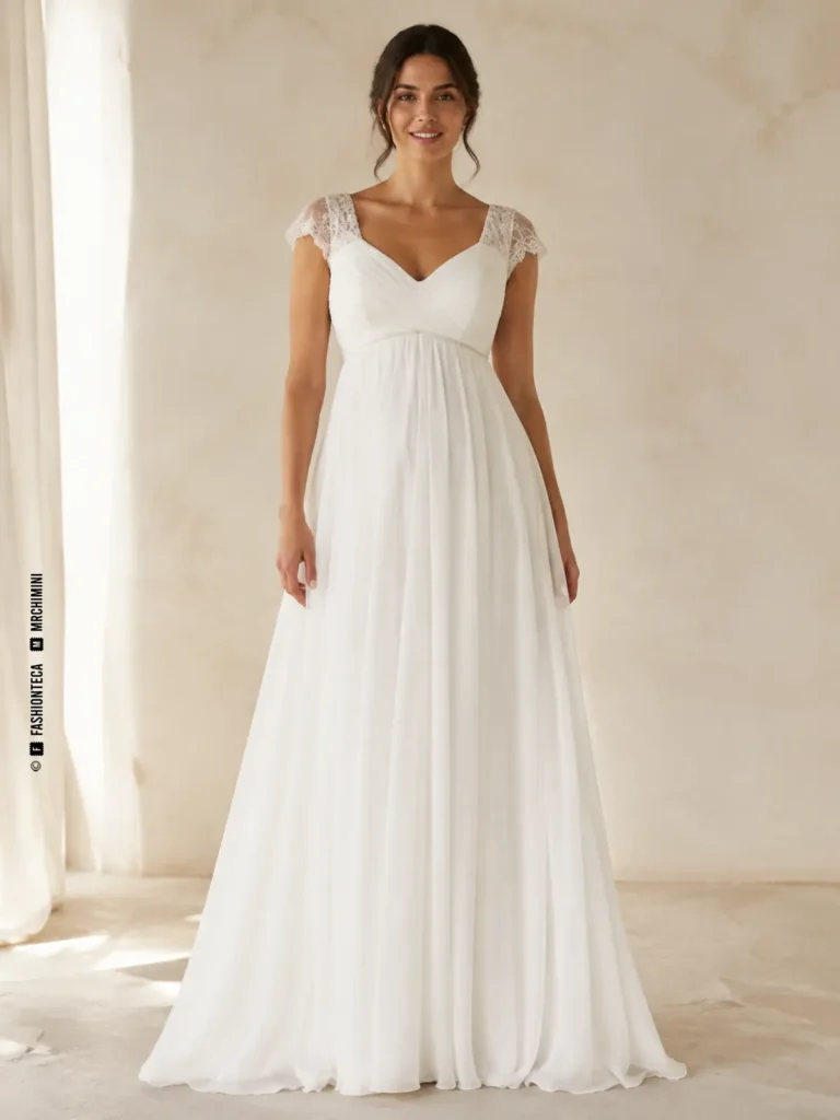 Vestido de novia imperio con talle bajo el busto y falda fluida, mostrado desde varios ángulos.