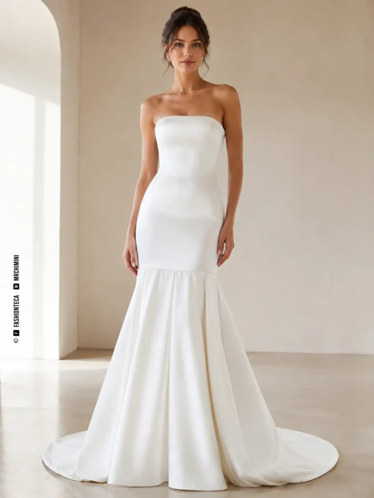 Vestido de novia de talle bajo con cuerpo prolongado hasta la cadera y falda iniciada más abajo.