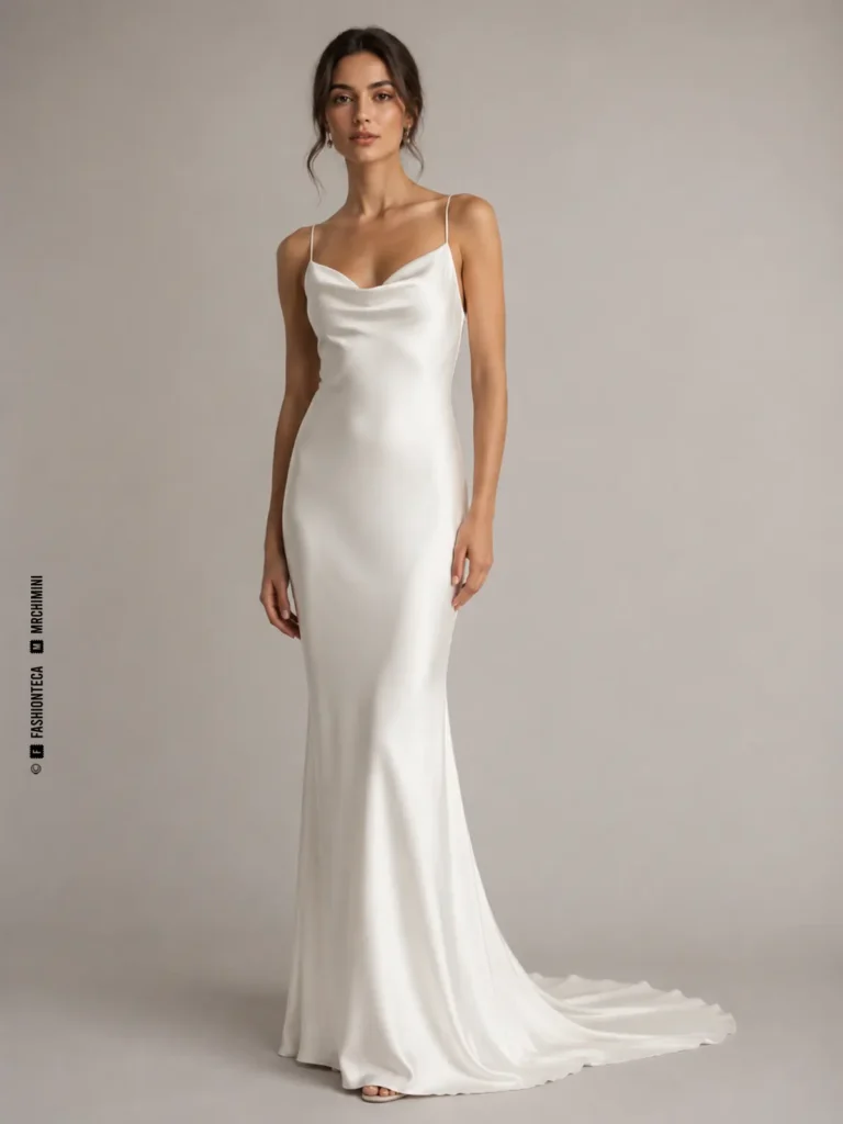 Vestido de novia slip de satén al bies con tirantes finos y vistas de caída y espalda.