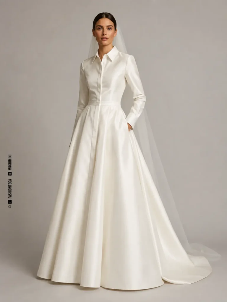 Vestido de novia camisero con cuello, botonadura, puños y falda nupcial mostrado desde varios ángulos.