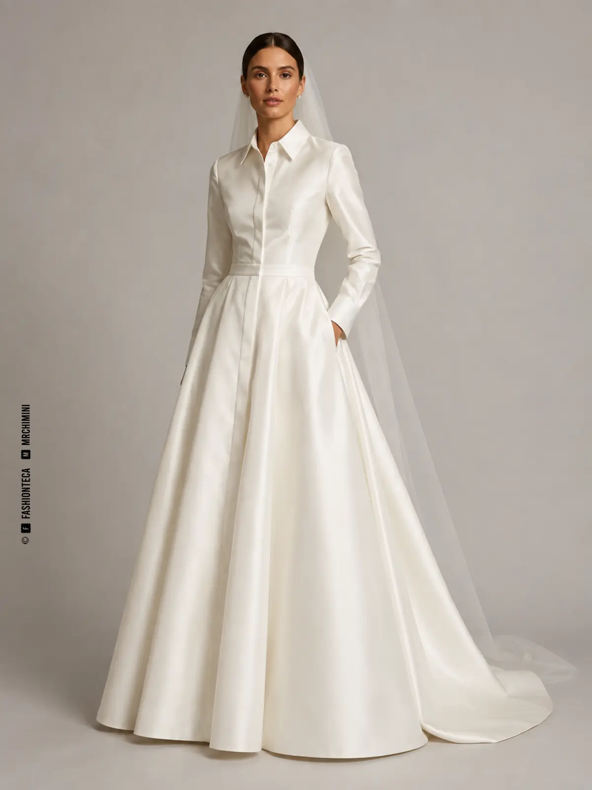 Vestido de novia camisero con cuello, botonadura, puños y falda nupcial mostrado desde varios ángulos.