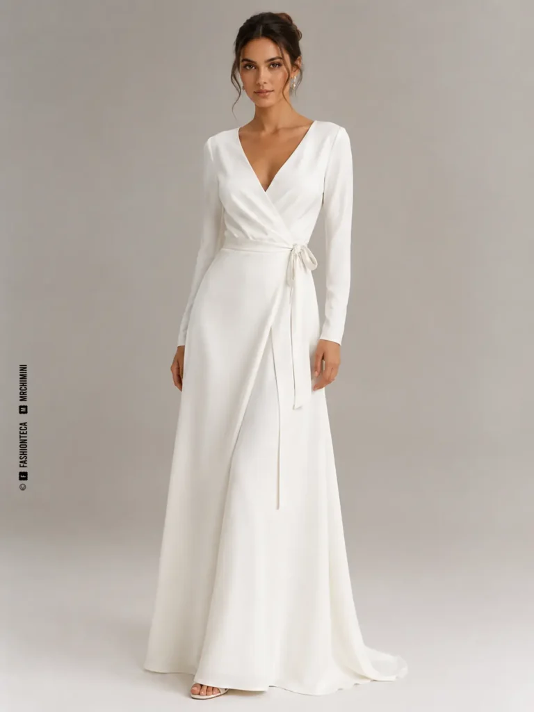 Vestido de novia cruzado con delantero envolvente, lazo lateral y detalles de solape seguro.