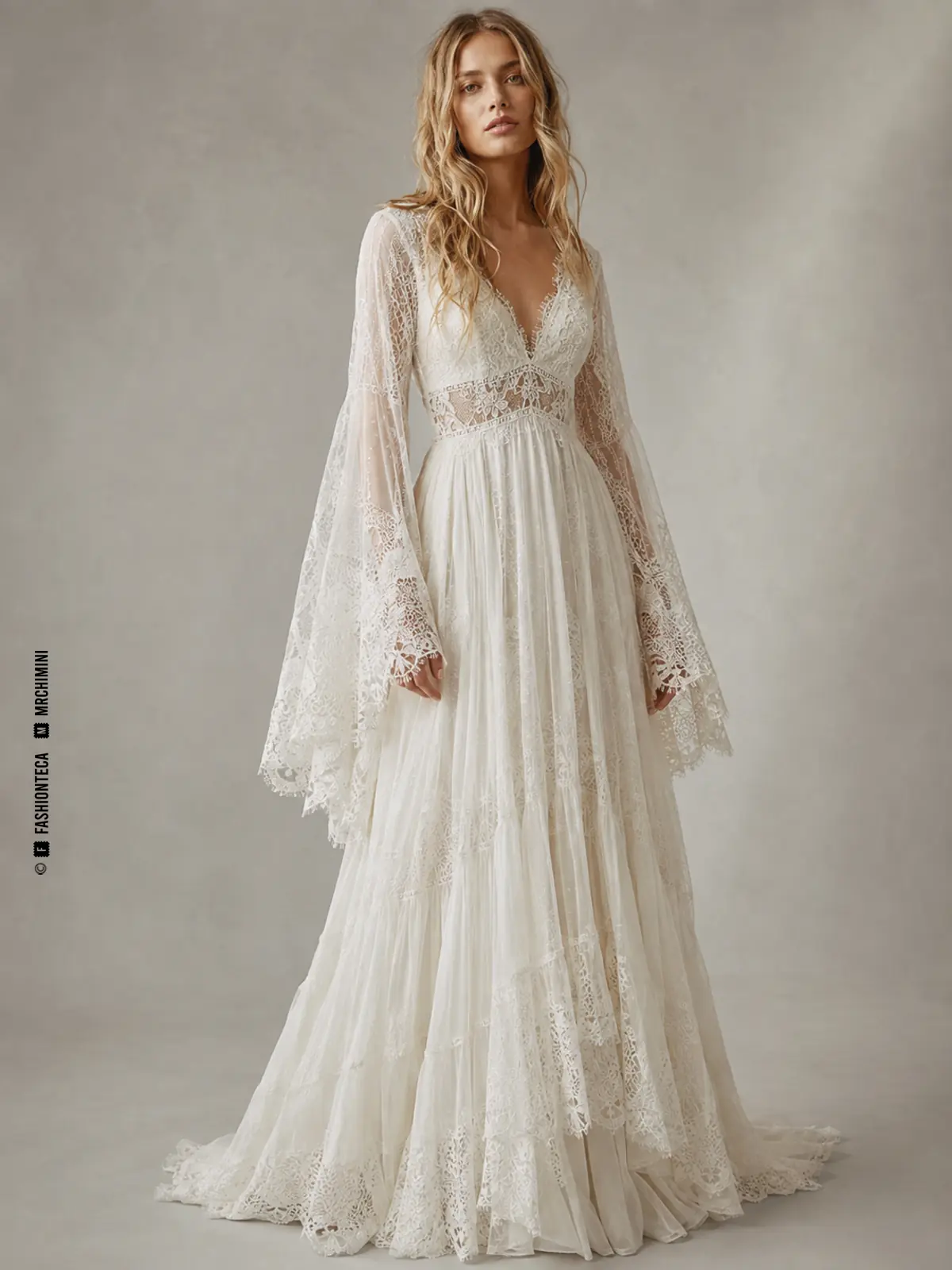 Vestido de novia boho de encaje ligero y caída fluida con vistas frontal, espalda y detalle artesanal.