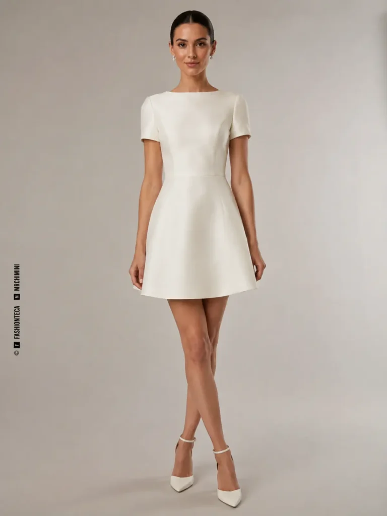 Vestido de novia corto por encima de la rodilla con vistas frontal, posterior y detalle de bajo.