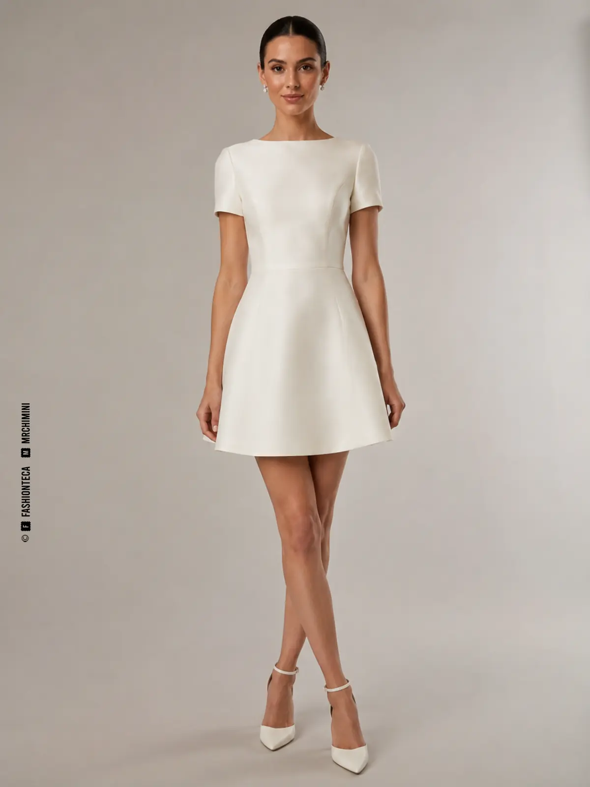 Vestido de novia corto por encima de la rodilla con vistas frontal, posterior y detalle de bajo.