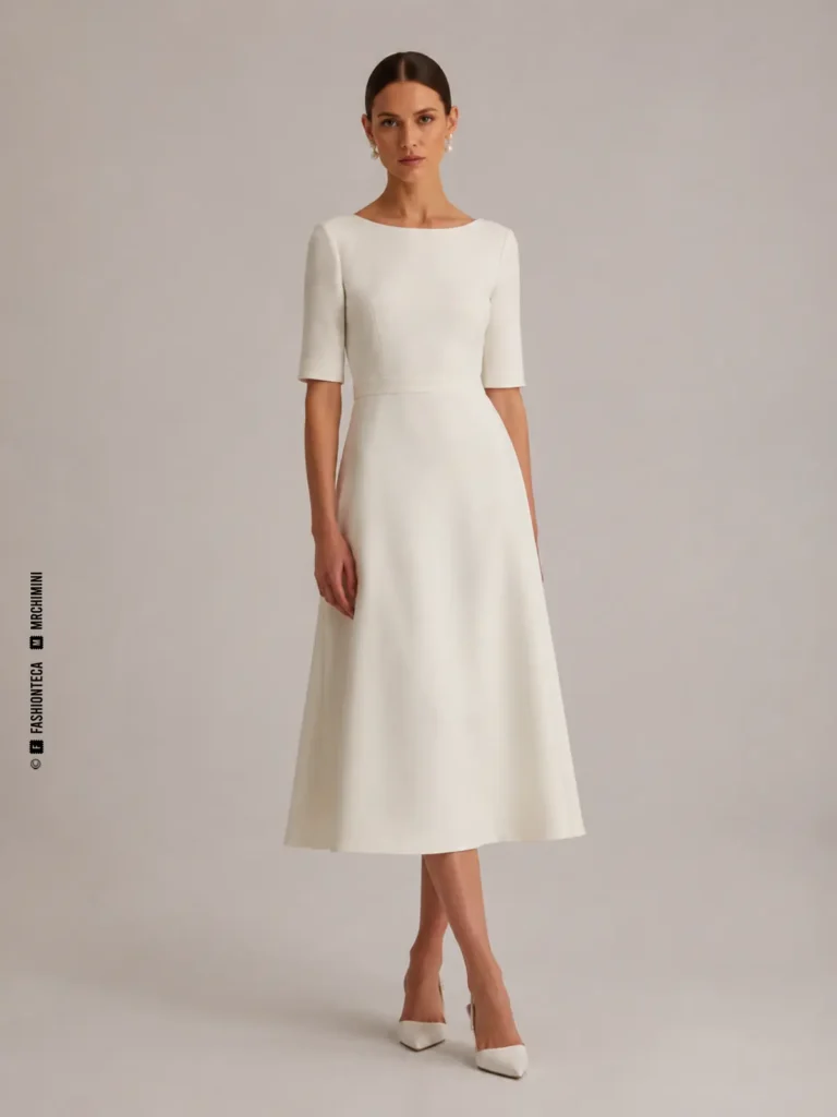 Vestido de novia midi a media pantorrilla con vistas de proporción, espalda y movimiento.