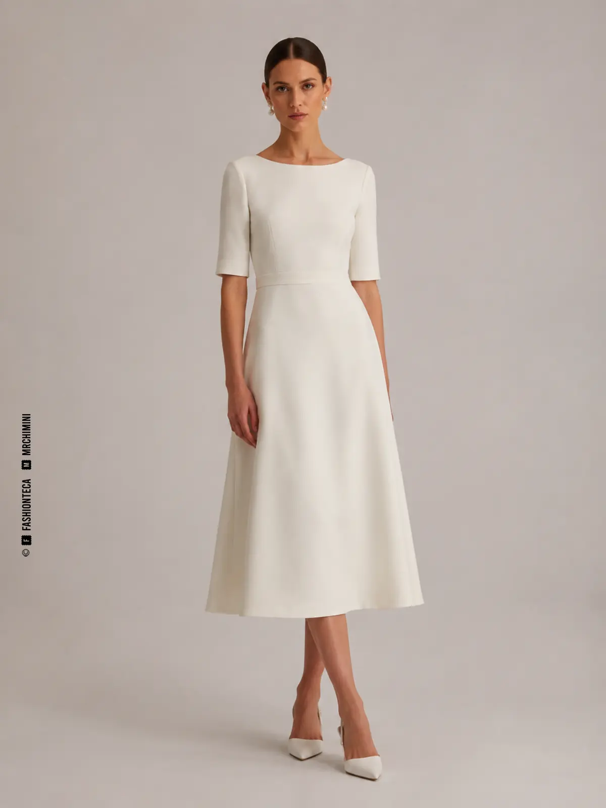 Vestido de novia midi a media pantorrilla con vistas de proporción, espalda y movimiento.