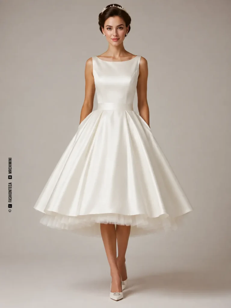 Vestido de novia tea-length con cintura marcada y falda amplia a media pantorrilla.